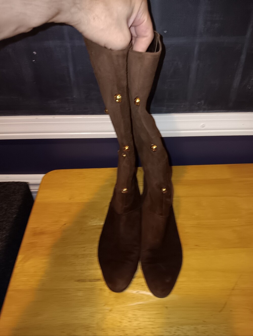 Salvatore Ferragamo Brown Suede Knee-High Boots with Gold Buttons Size 4 1/2